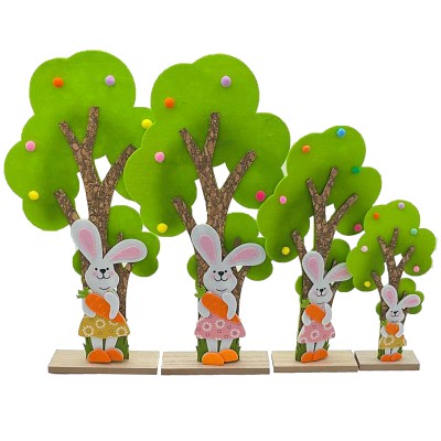 ALBERO FELTRO 51CM C/CONIGLIO E CAROTA, PON PON E BASE LEGNO