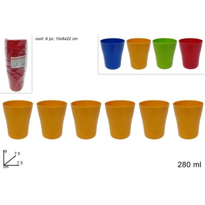 BICCHIERI PLASTICA 280ML 6PZ. 4COL.ASS