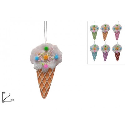 CONO GELATO POLIST. 15CM C/PELLICCIA, GLITTER E CANDITI 6ASS.