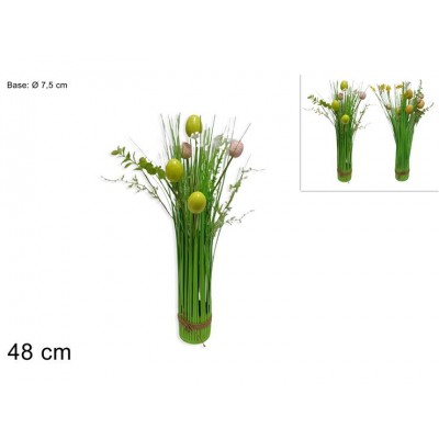 PIANTINA C/UOVA, FIORI E FILI D'ERBA H.42CM 2ASS