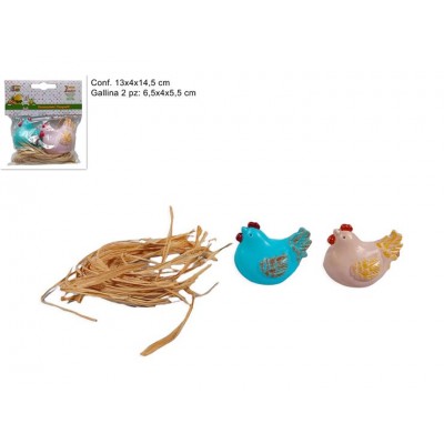 GALLINE 6CM 2PZ C/RAFFIA