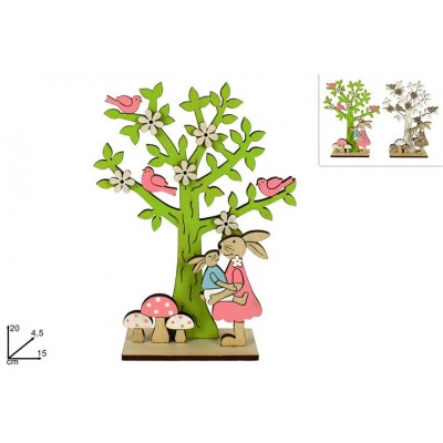 ALBERO LEGNO PIATTO H20CM C/FUNGHETTI, CONIGLI E COLOMBINE 2ASS