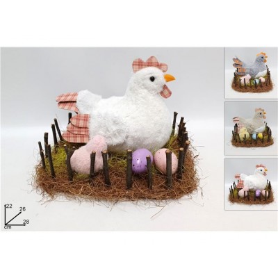 GALLINA IN RECINTO C/PULCINO E UOVA 28CM 3ASS