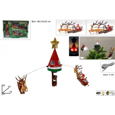 PUNTALE ALBERO 24CM C/SLITTA DI BABBO NATALE, MOV. E LUCE