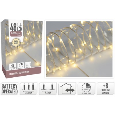 LUCI 48LED 3,5MT A BATT. FILO TRASP C/TIMER +8 GIOCHI DI LUCE