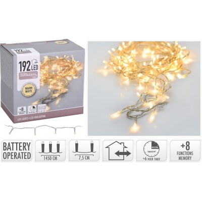 LUCI 192LED 14,5MT FILO TRASP. A BATTERIA C/TIMER +8 GIOCHI DI LUCE